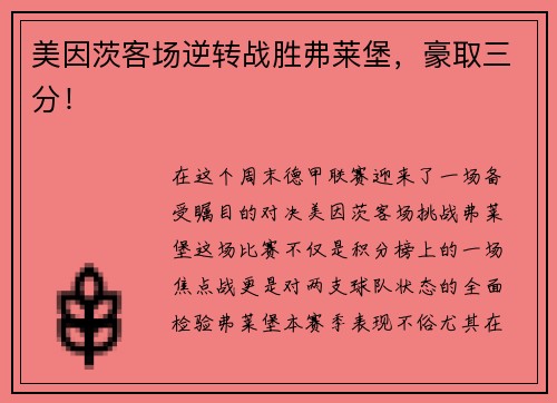 美因茨客场逆转战胜弗莱堡，豪取三分！